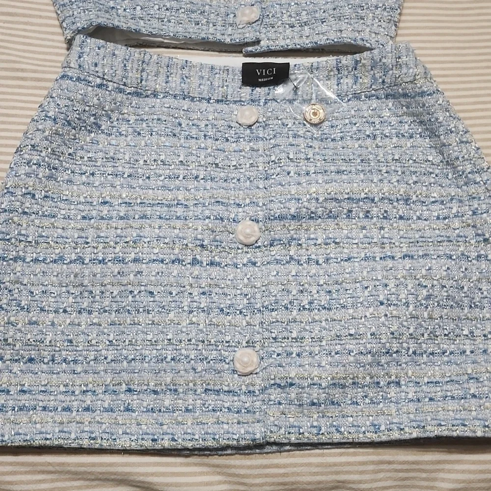 Vici Light Blue Tweed Button Front Crop Top - Picture 2 of 4
